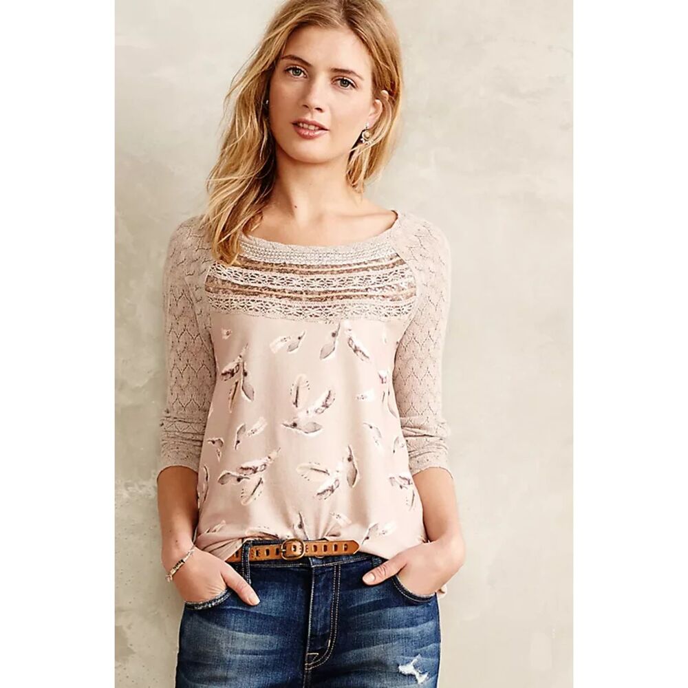 One September Anthropologie Aves Lace-Trimmed Pullover Long Sleeve Top Large
